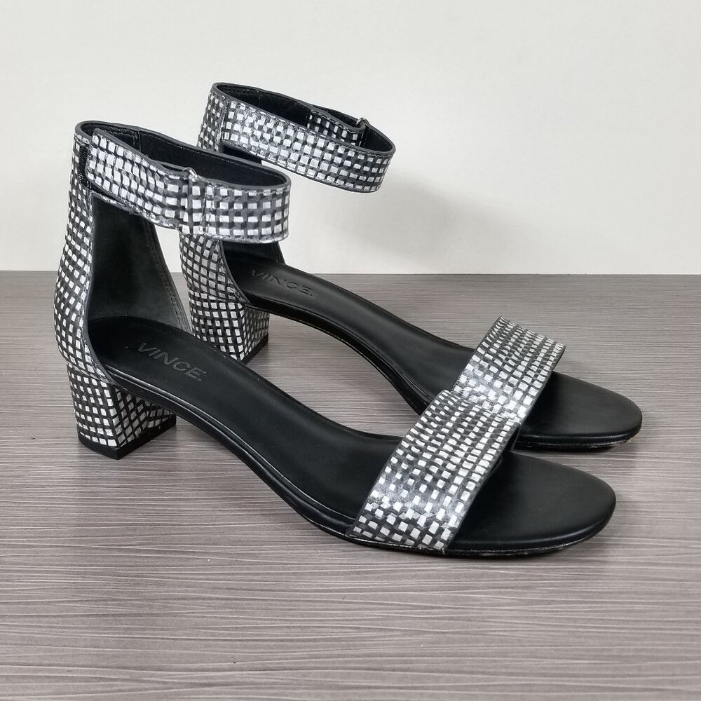 Vince Rita Ankle Strap Sandal, Black & White Metallic Leather, Womens Size 6.5 M